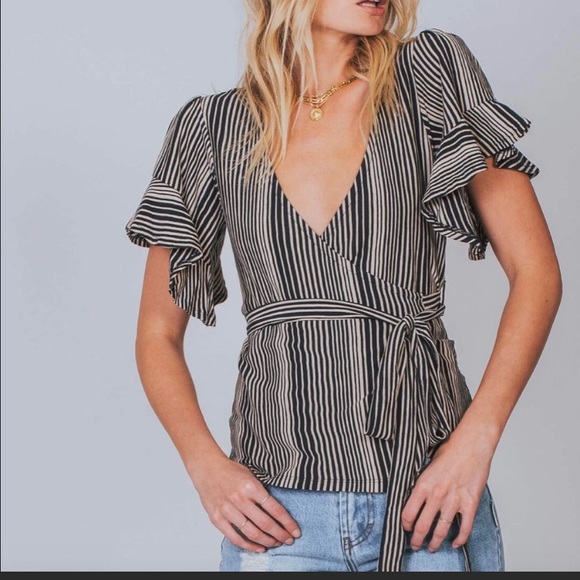EUC Free People Striped Wrap Ruffle Shirt Sz M - Picture 1 of 3